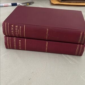 Vintage Maroon Hardcover Books Lorna Doone and Emerson's essays great for displa